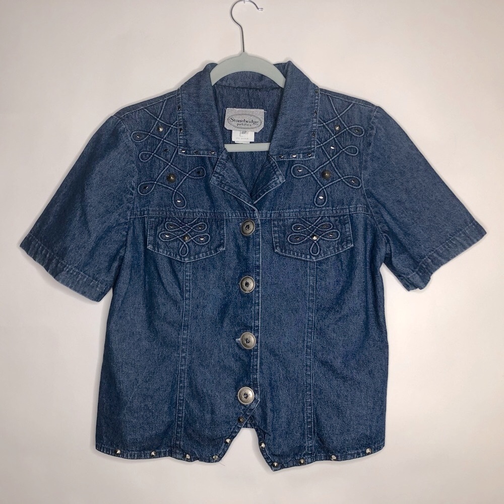 STONEBRIDGE PETITES denim metallic studs top 8P